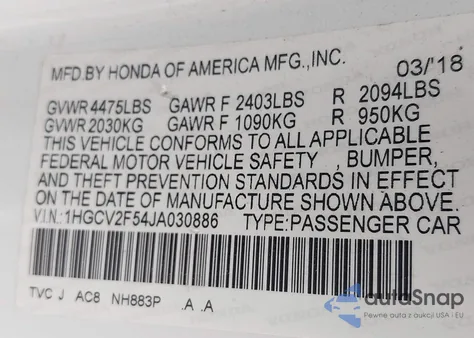 2018 Honda Accord Ex-L 2.0T z USA, uszkodzony, nr VIN 1HGCV2F54JA030886